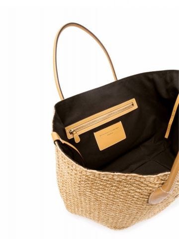 Beige straw tote Bag with black monogram