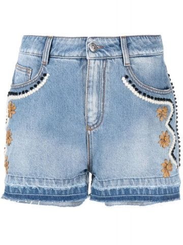 Floral embroidery blue denim Shorts