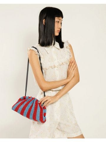Light blue and red raffia Game Crochet Solid Clutch Bag