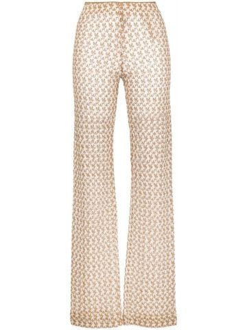 Floral embroidery beige high waisted flared Trousers