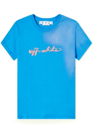 T-shirt blu con stampa logo effetto vernice