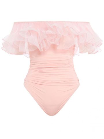 Pink one-piece swimsuit with ruffles and bare shoulders