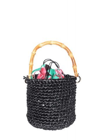 Black Pluto woven straw bucket Bag