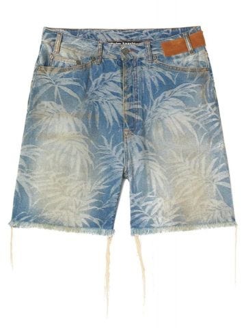 Leaf print blue denim Shorts