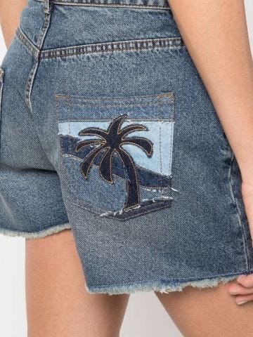 Palm tree embroidered blue denim Shorts