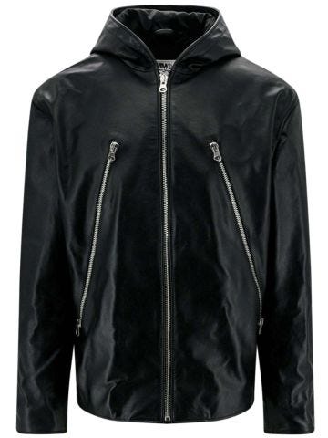 Black leather jacket with hood